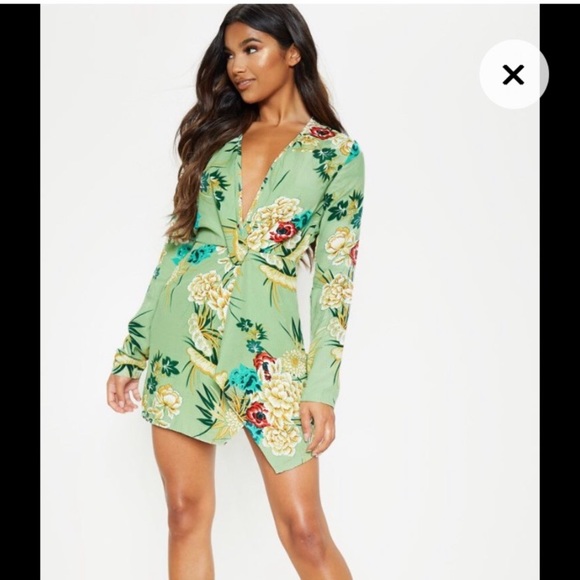 Sage botanical print faux wrap long sleeve dress - Picture 2 of 5